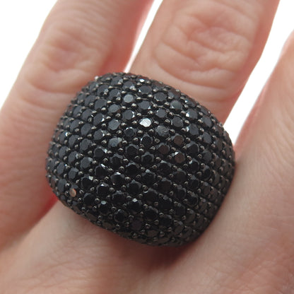 925 Sterling Silver Real Black Spinel Gemstone Cluster Wide Ring Size 7