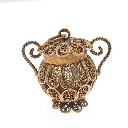 833 Silver Gold Plated Antique Art Deco Portugal Filigree Pot 3D Charm Pendant
