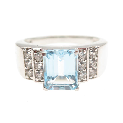 925 Sterling Silver Real Emerald-Cut Blue & Round-Cut White Topaz Ring Size 9