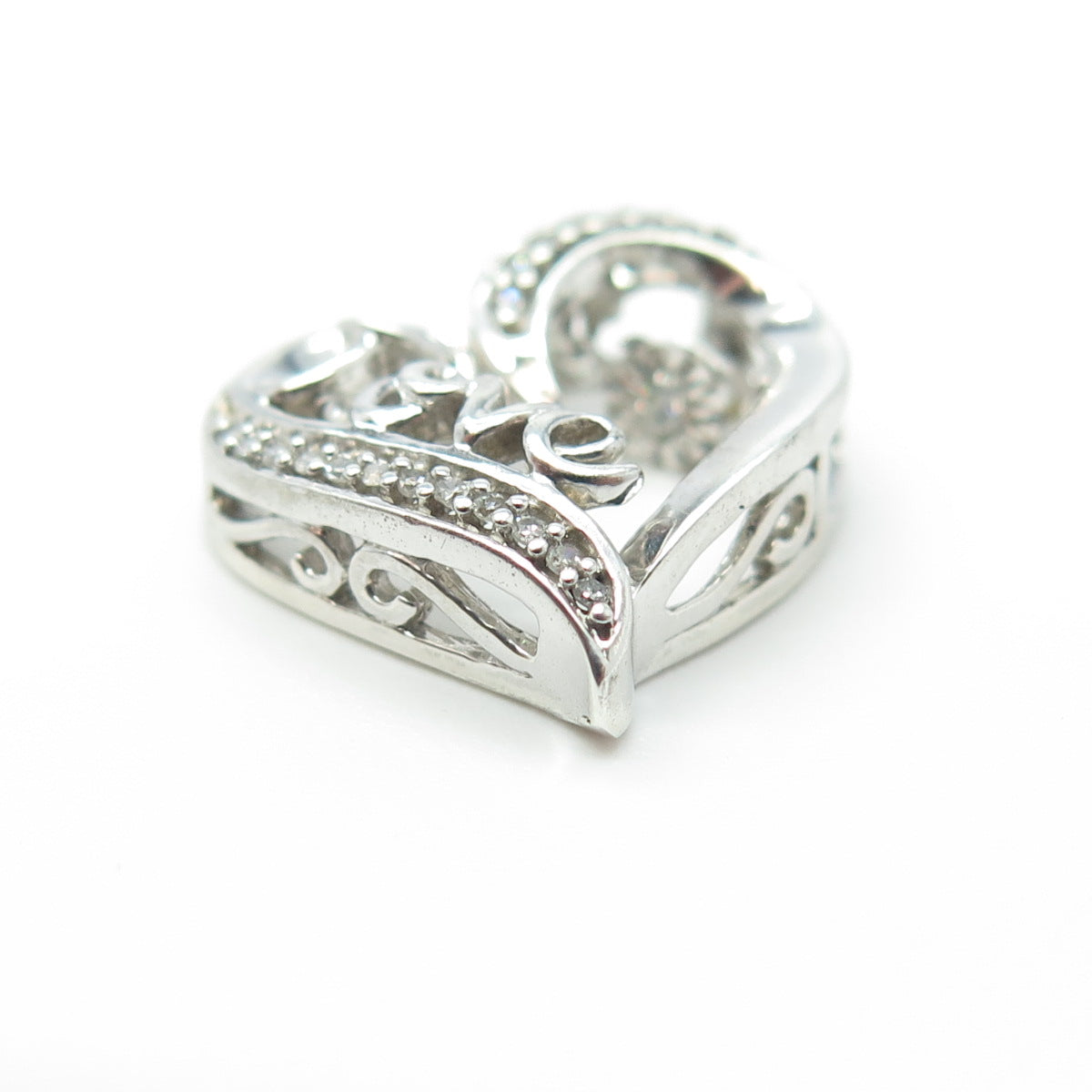 925 Sterling Silver Real Round-Cut White Diamond "LOVE" Heart Pendant