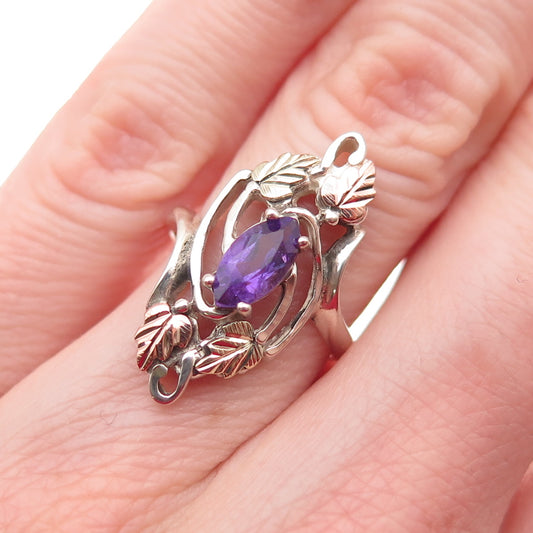 Coleman Co 925 Sterling Silver 12K Gold Vintage Real Amethyst Floral Ring Size 5
