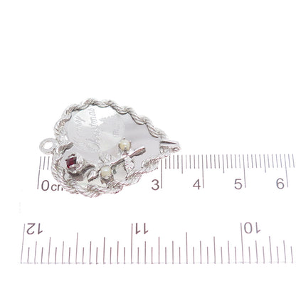 925 Sterling Silver Vintage Real Red Garnet Pearl Merry Christmas Heart Pendant