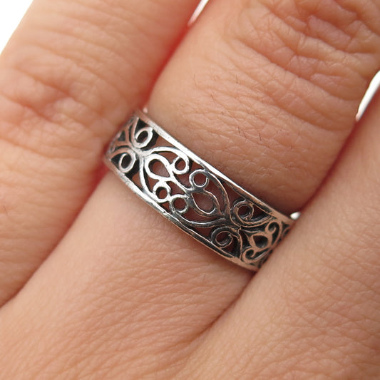 925 Sterling Silver Vintage Modernist Ornate Oxidized Band Ring Size 5.5