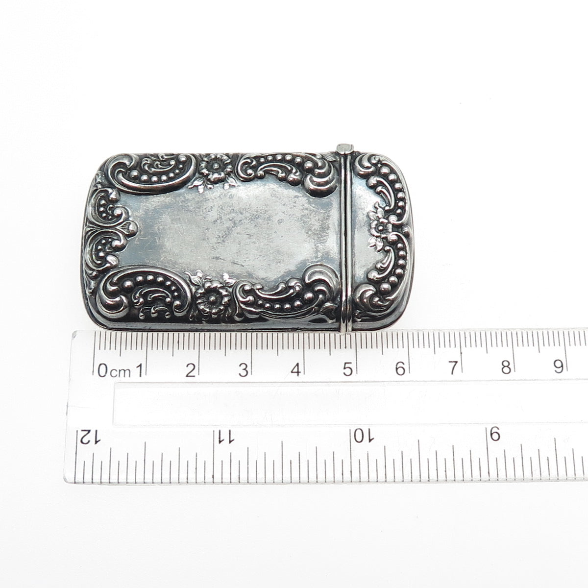 925 Sterling Silver Antique Art Deco Floral Repousse Oxidized Vesta Match Case