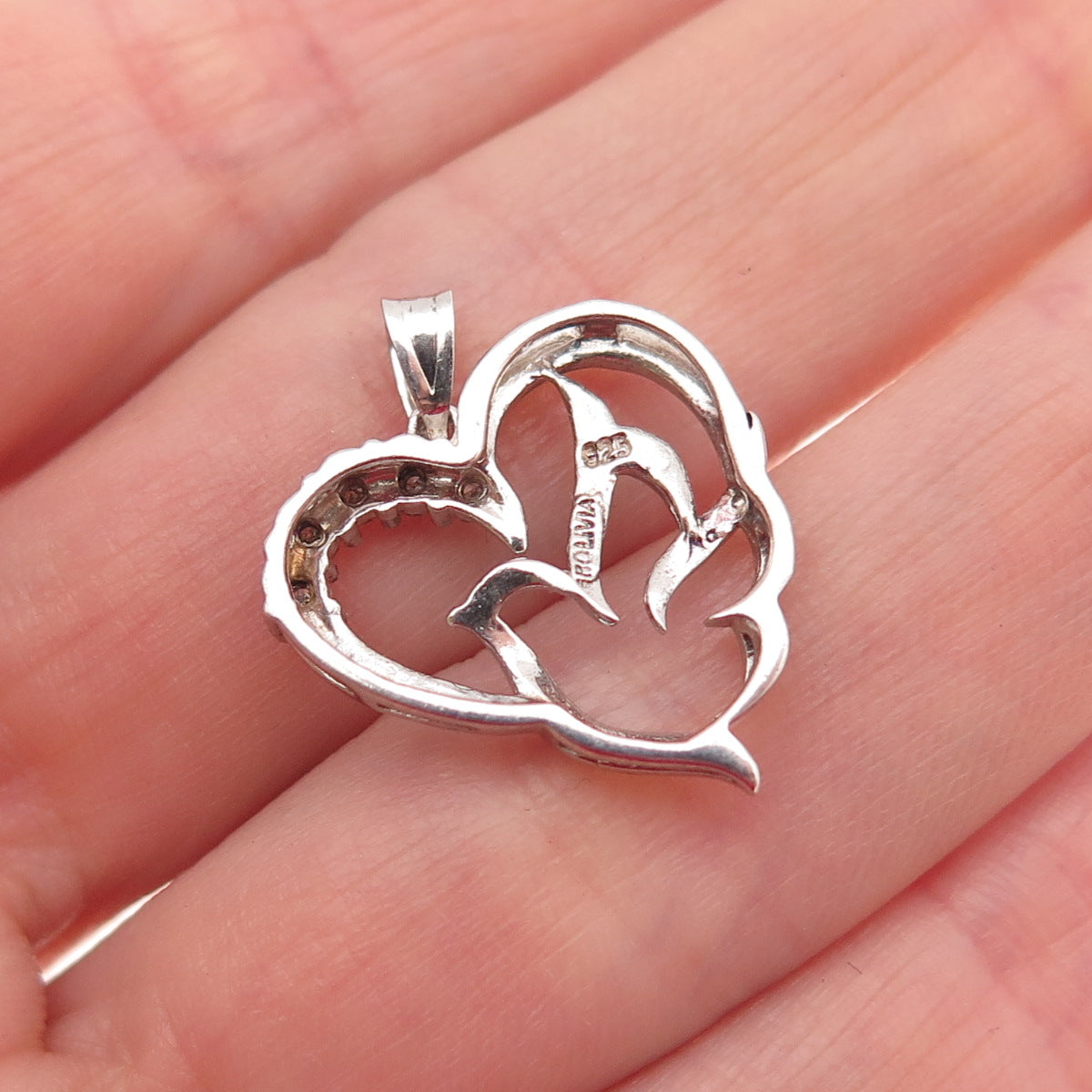 925 Sterling Silver Real Round-Cut Diamond Bird Heart Mini Charm Pendant