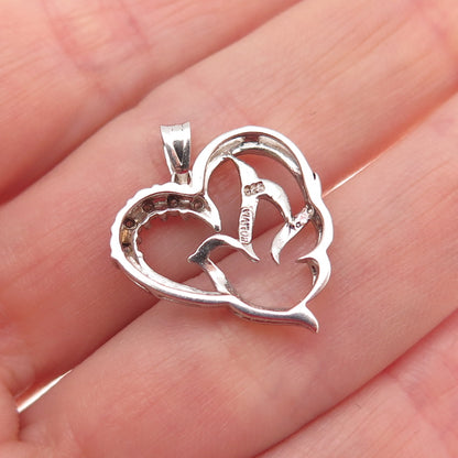 925 Sterling Silver Real Round-Cut Diamond Bird Heart Mini Charm Pendant