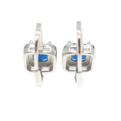925 Sterling Silver Princess & Round-Cut Blue White C Z Cushion Earrings