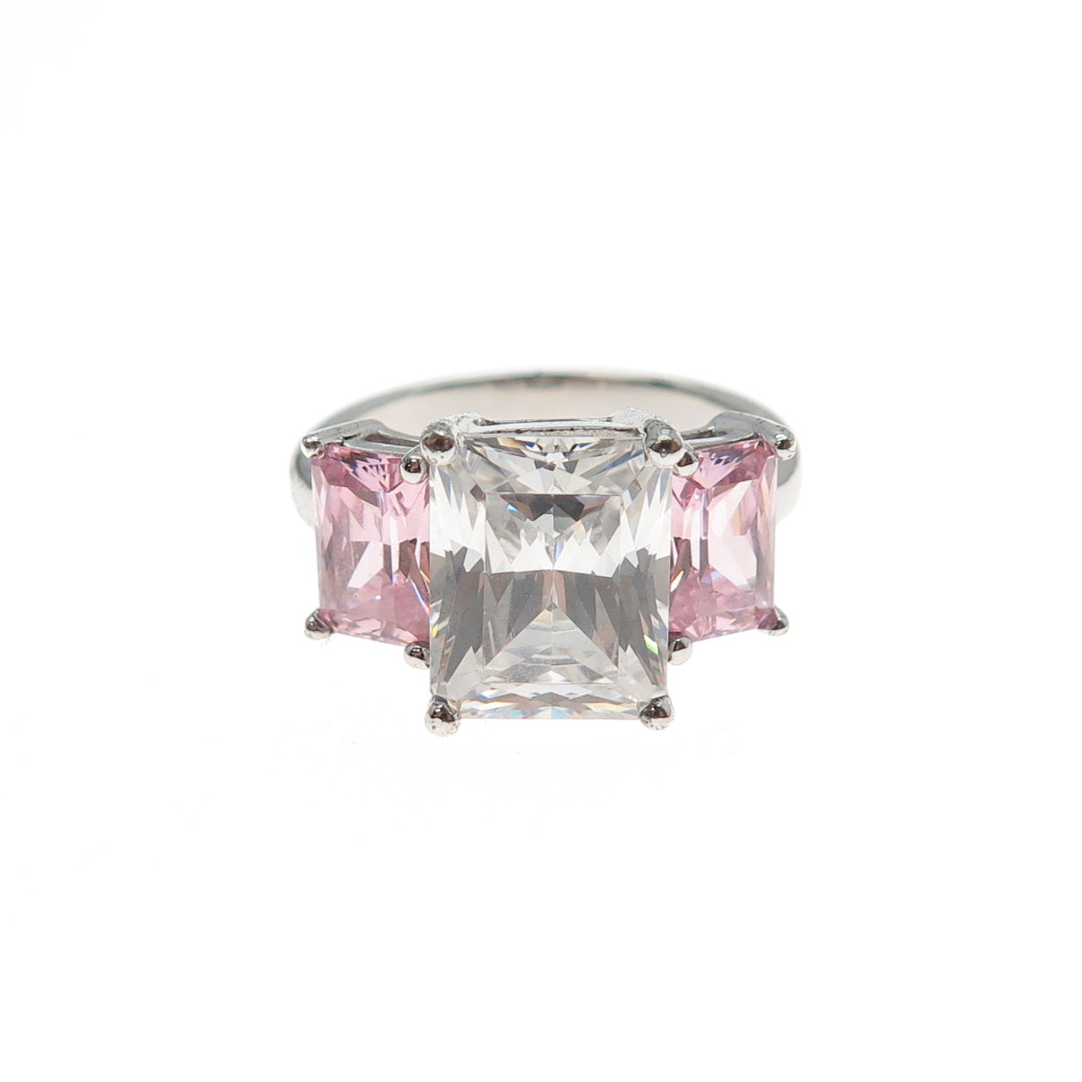 925 Sterling Silver Radiant-Cut Pink & White C Z Ring Size 6.25