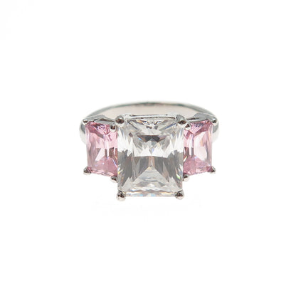 925 Sterling Silver Radiant-Cut Pink & White C Z Ring Size 6.25