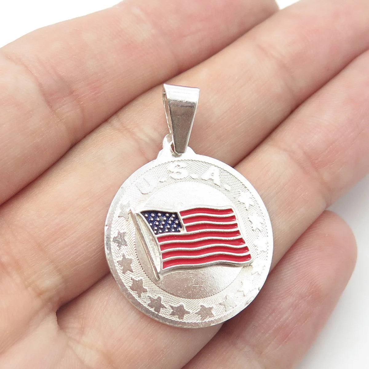 925 Sterling Silver Vintage Enamel United States Flag Round Pendant
