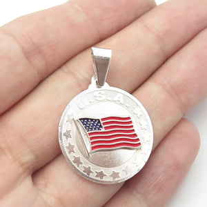 925 Sterling Silver Vintage Enamel United States Flag Round Pendant