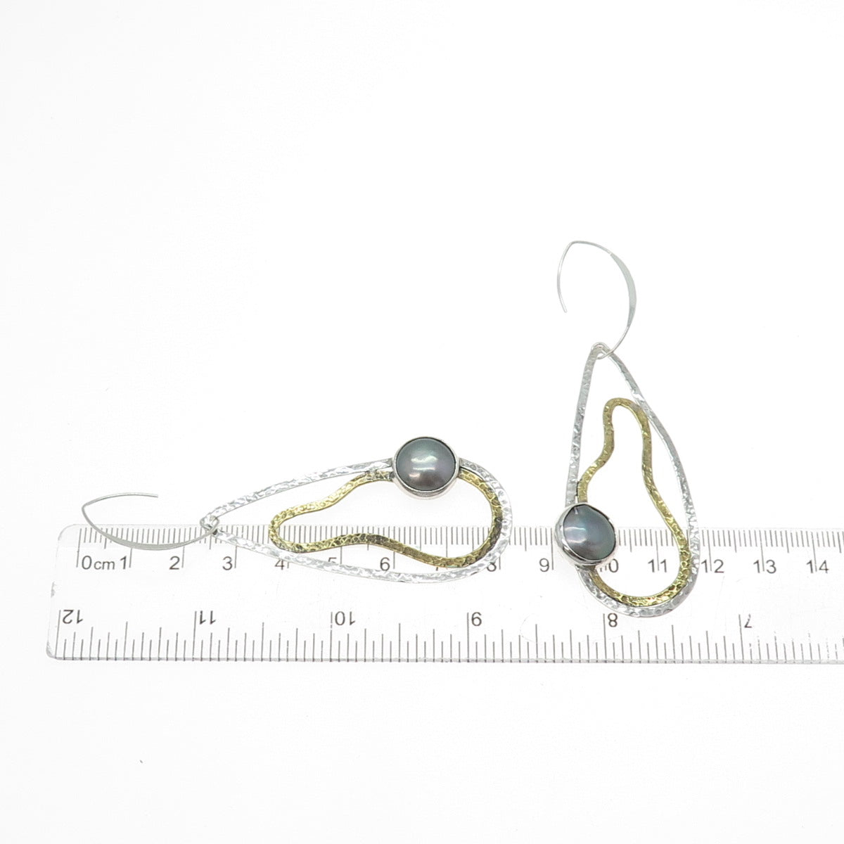 925 Sterling Silver 2-Tone Vintage Real Pearl Modernist Hammered Dangle Earrings