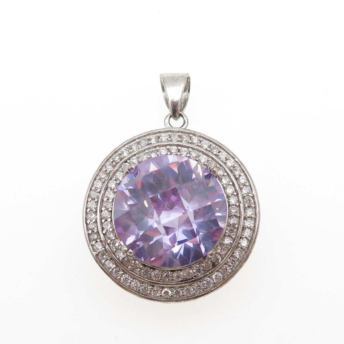 925 Sterling Silver Round-Cut Lavender & White C Z Charm Pendant
