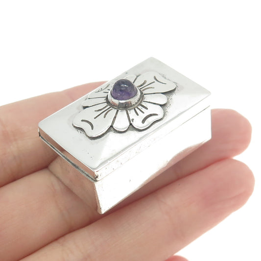 DAMASO GALLEGOS Sterling Silver Vintage Mexico Amethyst Flower Pill Snuff Box