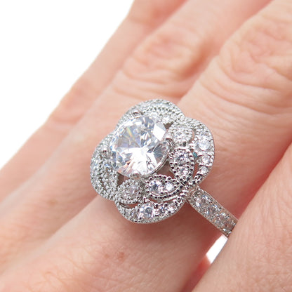925 Sterling Silver Round-Cut C Z Flower Ring Size 9.5