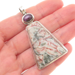 925 Sterling Silver Vintage Real Moss Agate & Ruby Large 27.0g Pendant