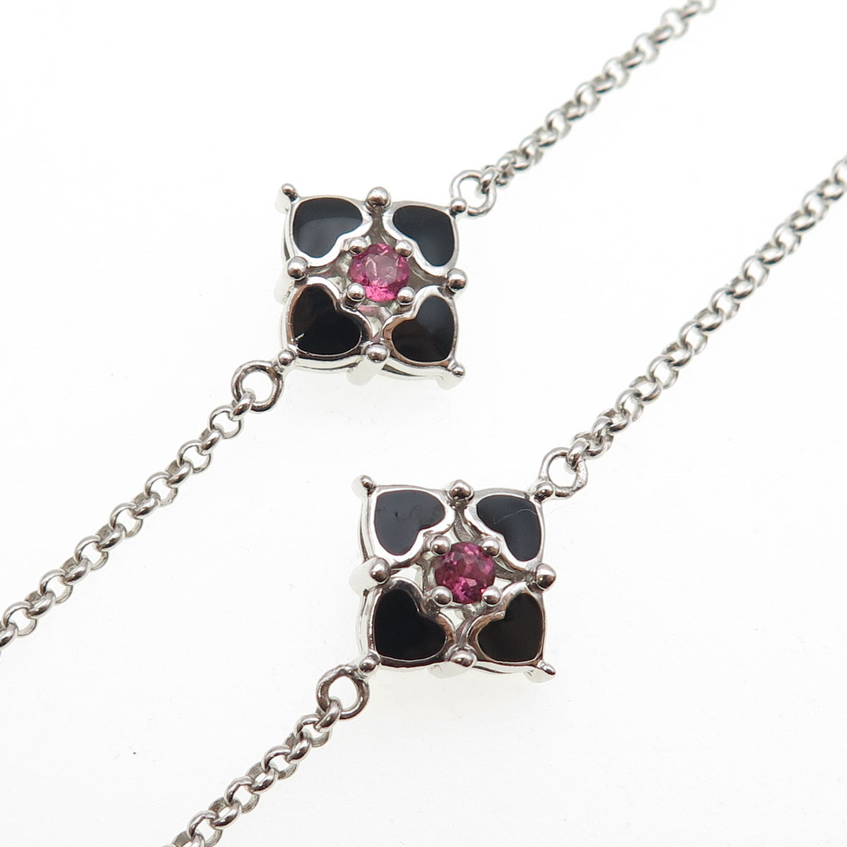 925 Sterling Silver Enamel Real Tourmaline Heart Flower Chain Necklace 32"