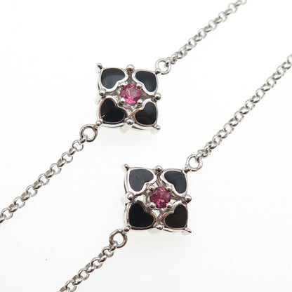 925 Sterling Silver Enamel Real Tourmaline Heart Flower Chain Necklace 32"