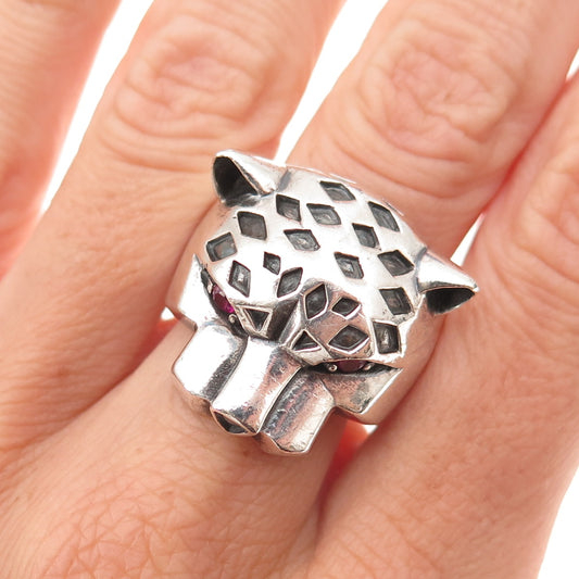 925 Sterling Silver Vintage Real Ruby Panther Oxidized Ring Size 8.25