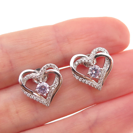 925 Sterling Silver Round-Cut White & Purple C Z Double Heart Stud Earrings