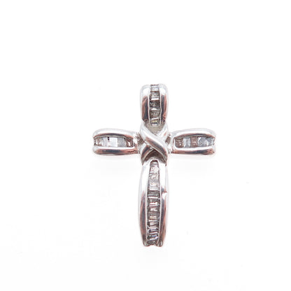 925 Sterling Silver Real Emerald-Cut Diamond Cross Slide Charm Pendant