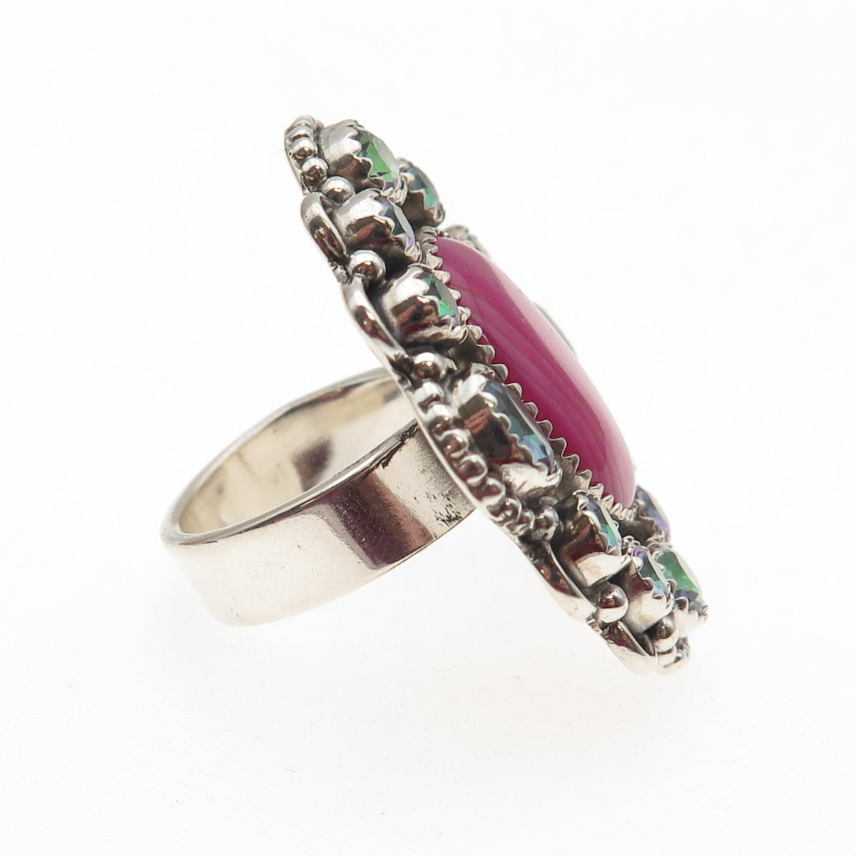 925 Sterling Vintage Real Pink Agate & Mystic Quartz Statement Ring Size 8.25