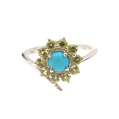 Chuck Clemency 925 Sterling Silver Real Turquoise Peridot Floral Ring Size 8.25