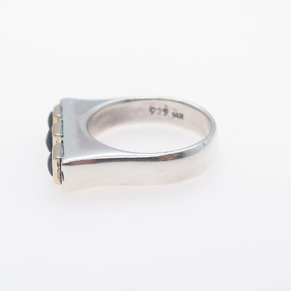 925 Sterling Silver 14K Gold Vintage Real Black Onyx Modernist Ring Size 8