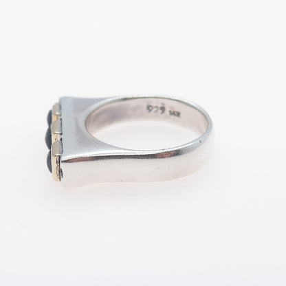 925 Sterling Silver 14K Gold Vintage Real Black Onyx Modernist Ring Size 8