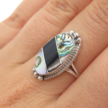 925 Sterling Silver Vintage Mexico Real Black Onyx Abalone Shell Ring Size 8.75