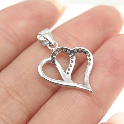 925 Sterling Silver Round-Cut Shaped C Z Couple of Hearts Pendant