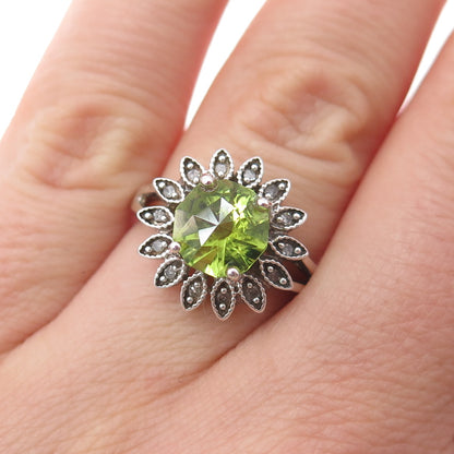 925 Sterling Silver Real Diamond & Peridot Flower Ring Size 7