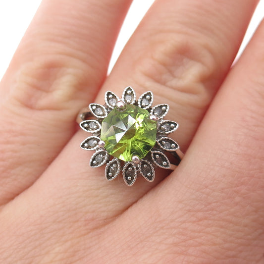 925 Sterling Silver Real Diamond & Peridot Flower Ring Size 7