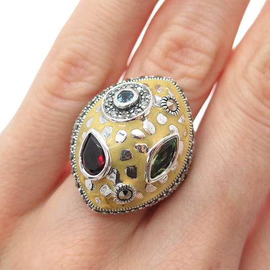 925 Sterling Vintage Enamel Diamond Topaz Peridot Garnet & Marcasite Ring Size 6
