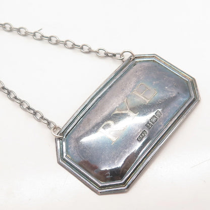 925 Sterling Silver Vtg Birmingham 1996 C. Robathan & Son 1936 "RYE" Bottle Tag