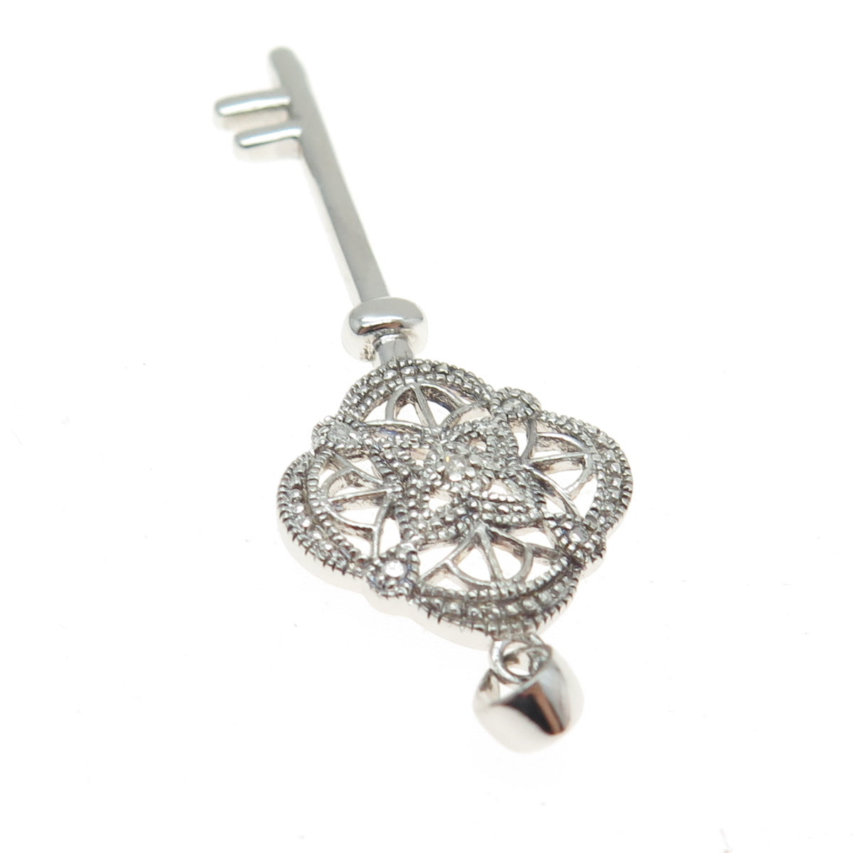 925 Sterling Silver Real Round-Cut Diamond Floral Key Pendant