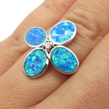 925 Sterling Silver Real Opal & C Z Floral Ring Size 6.25