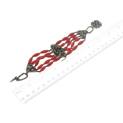 800 Silver Gold Plated Antique Victorian Real Coral Filigree Bracelet 7.25"
