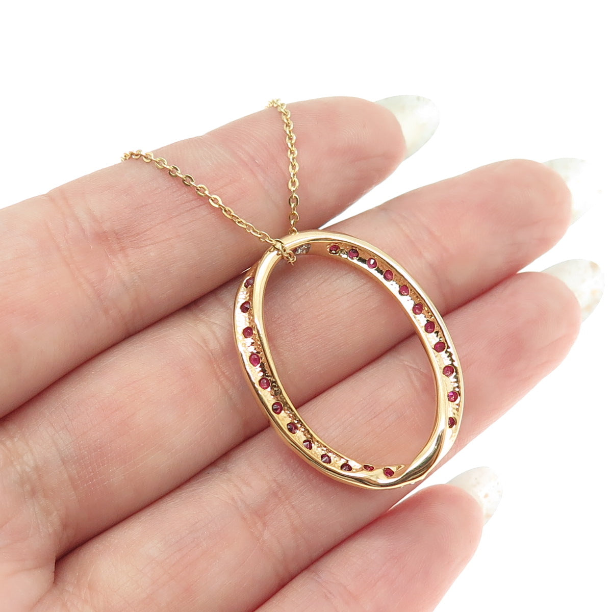 925 Sterling Silver Gold Plated Lab-Created Ruby Twisted Circle Necklace 18"