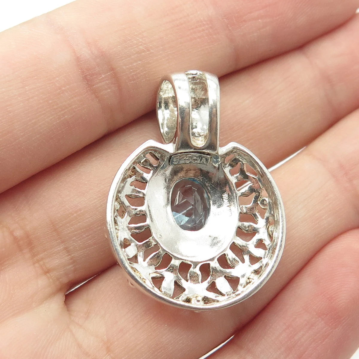 925 Sterling Silver Vintage Real Blue Topaz Gemstone Ornate Pendant