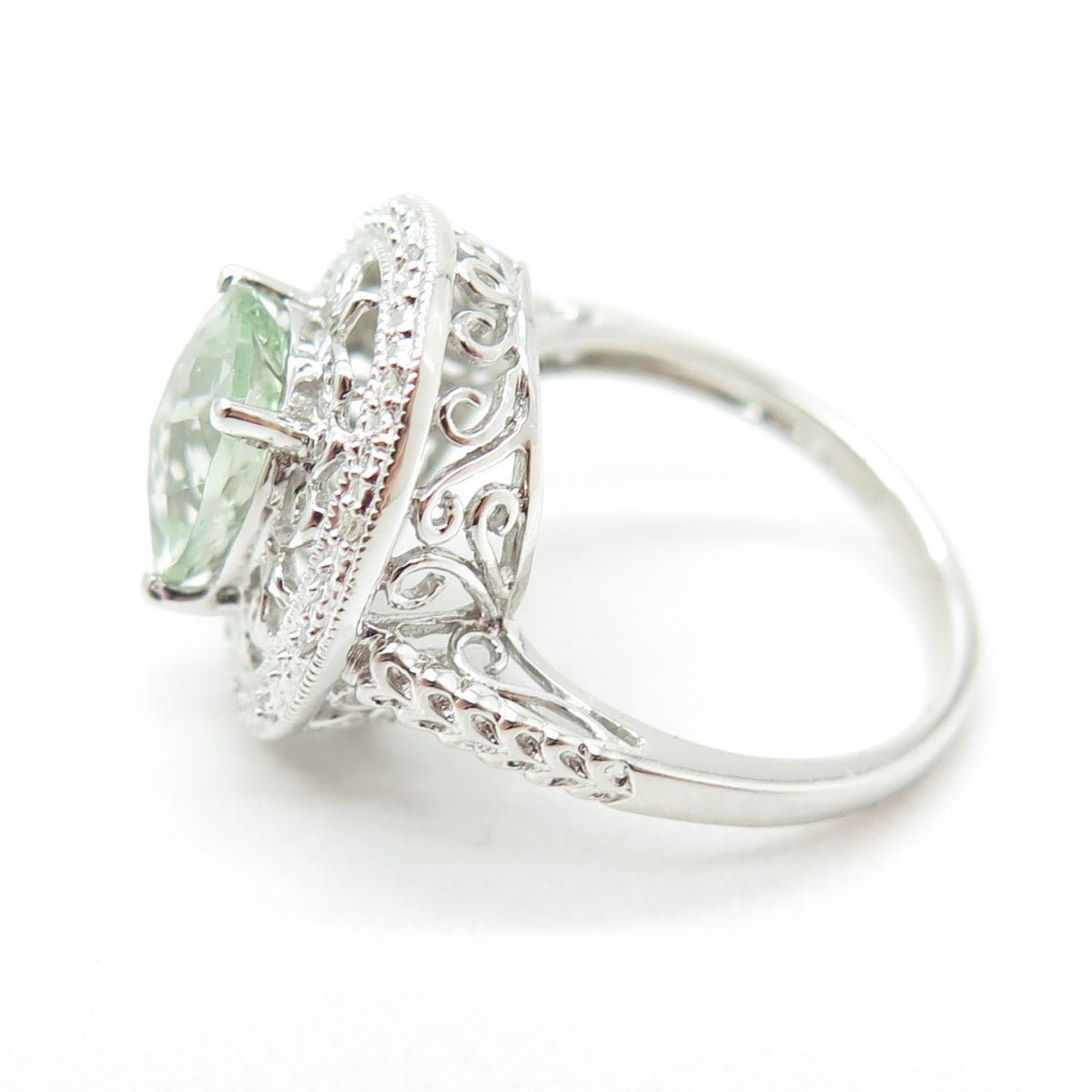 925 Sterling Silver Real Round-Cut Diamond & Green Amethyst Ring Size 7