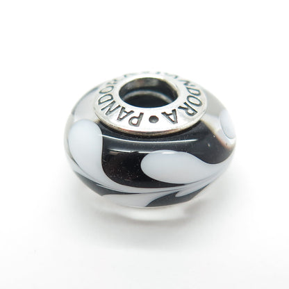 PANDORA 925 Sterling Silver Murano Glass White & Black Branches Bead Charm