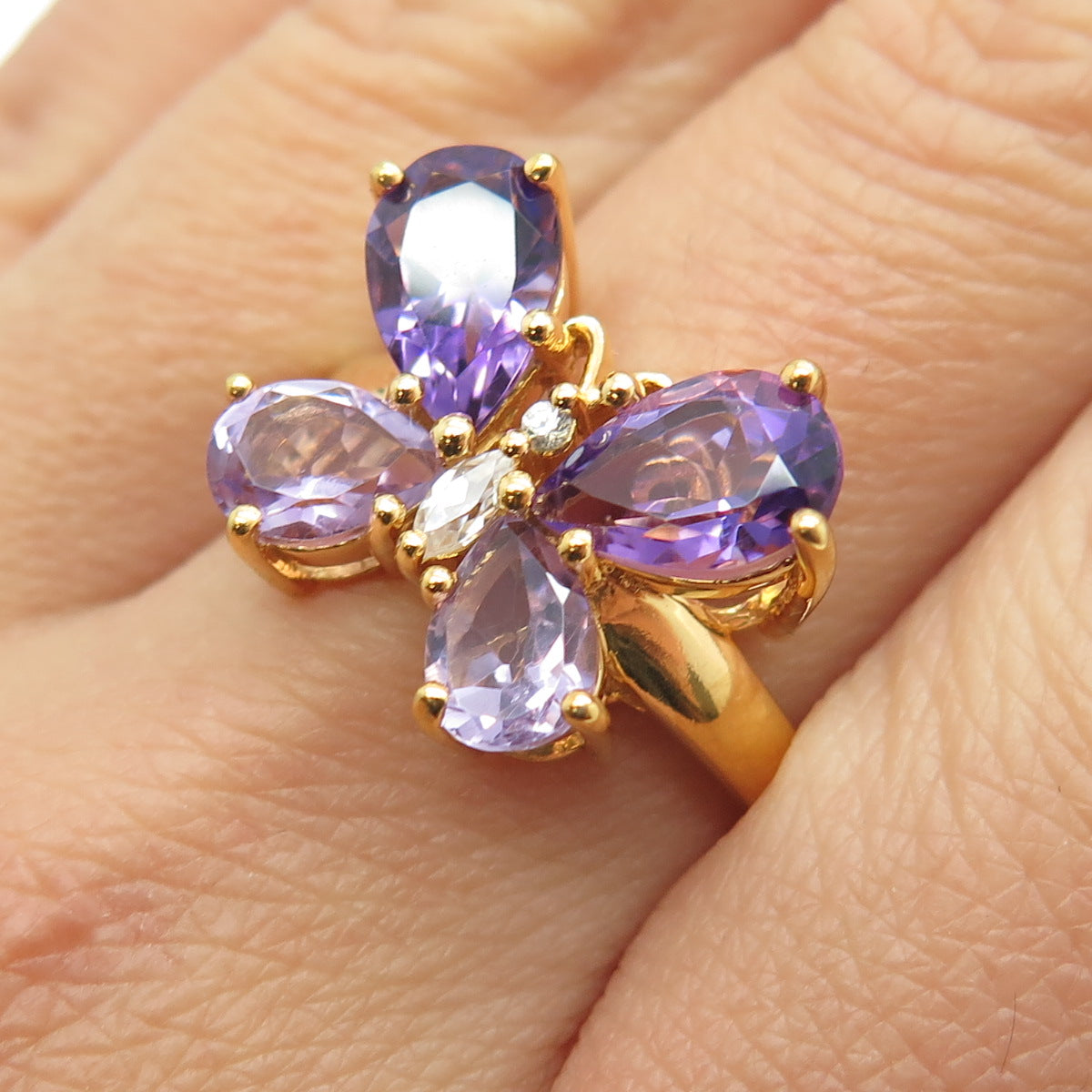 925 Sterling Silver Gold Plated Topaz & Amethyst Gem Butterfly Ring Size 10.25