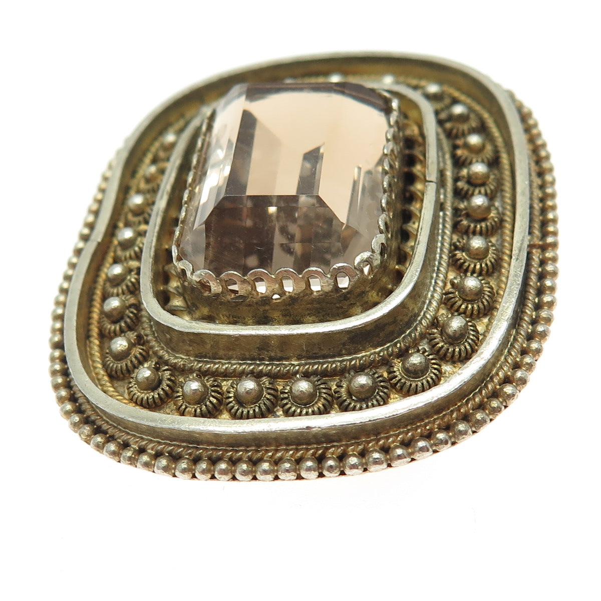 935 Silver Gold Plated Vintage Israel Smoky Quartz Cannetille Brooch / Pendant