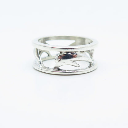 925 Sterling Silver Vintage Friendly Dolphin Open Band Ring Size 6