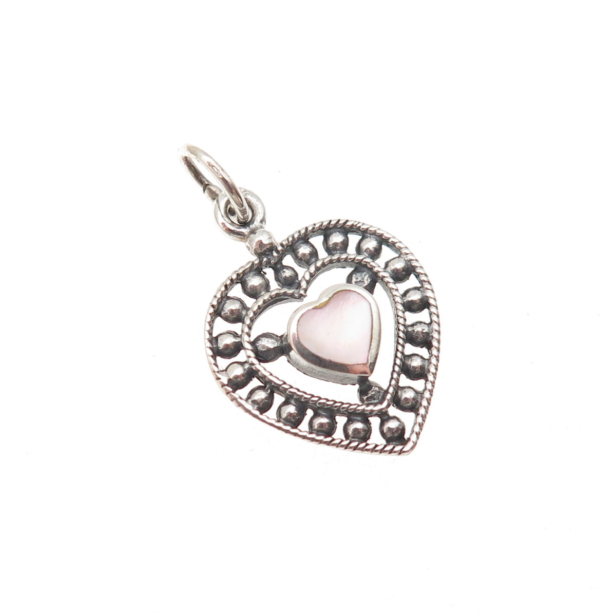 925 Sterling Silver Vintage Real MOP Heart Oxidized Beaded Mini Charm Pendant