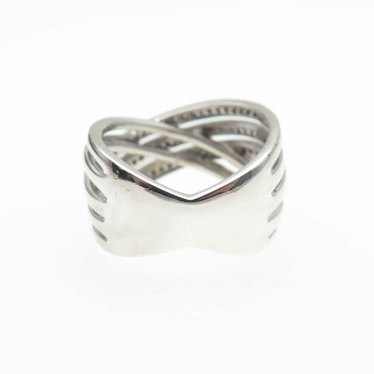 SUN 925 Sterling Silver Real Round-Cut Diamond Crisscross Ring Size 7
