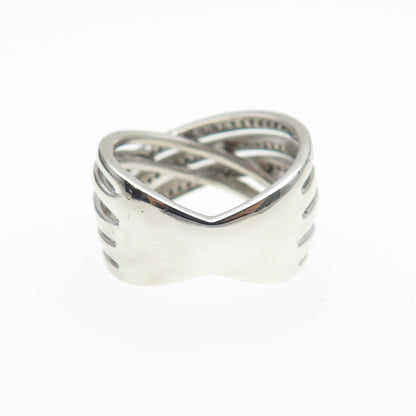SUN 925 Sterling Silver Real Round-Cut Diamond Crisscross Ring Size 7