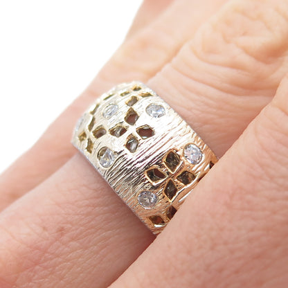 925 Sterling Silver 2-Tone Vintage Round-Cut C Z Flower Band Ring Size 7