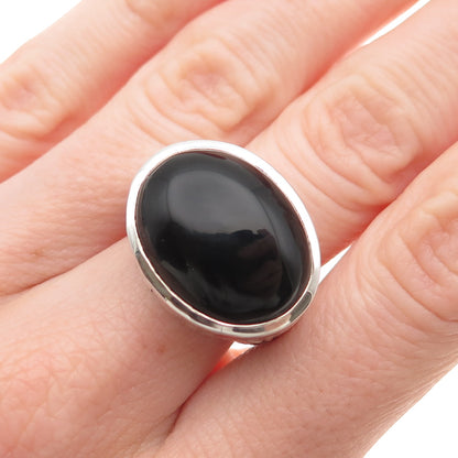 925 Sterling Silver Vintage Real Black Onyx Modernist Oxidized Ring Size 6